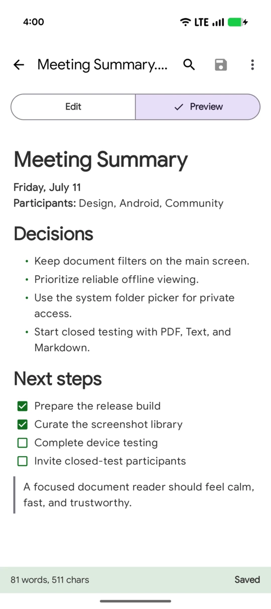 Fossify Documents: Markdown preview