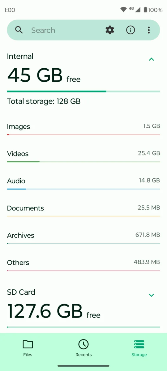 Fossify File Manager: Storage summary