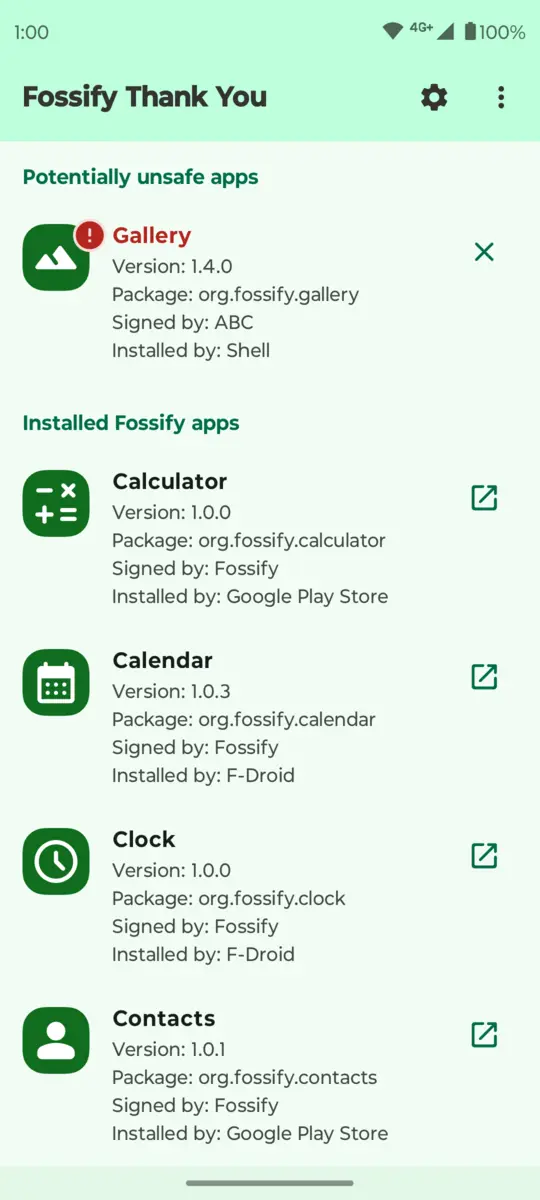 Fossify Thank You: Installed Fossify apps