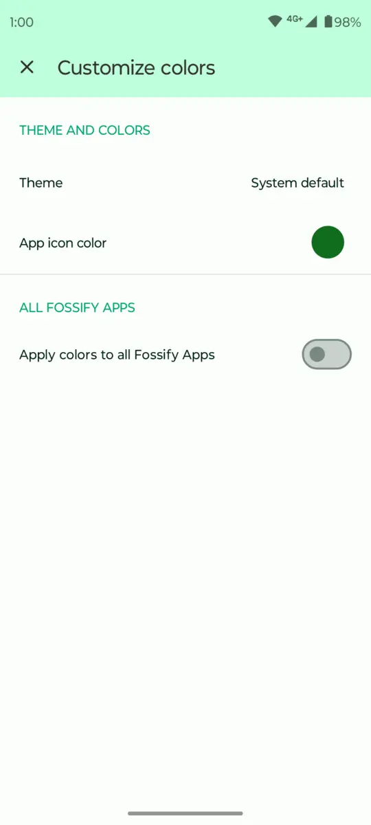 Fossify Thank You: Color settings