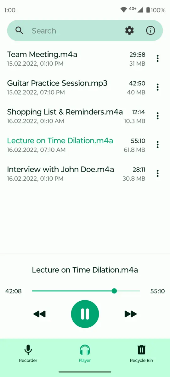 Fossify Voice Recorder: Recording list