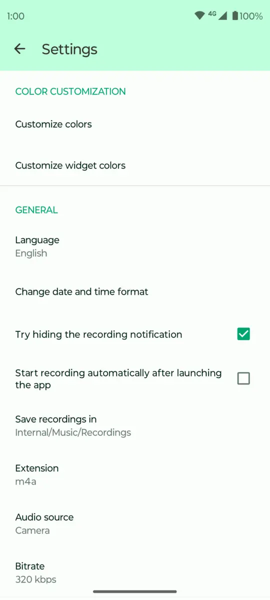 Fossify Voice Recorder: Recorder settings